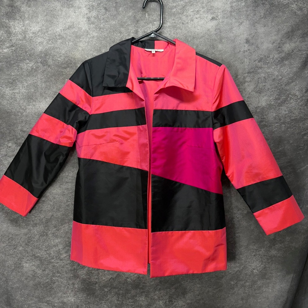 Marisa Baratelli 100% Thai Silk Jacket Womens 10 Pink Black Open Front Artsy